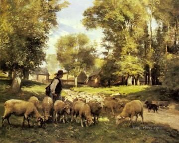 ジュリアン・デュプレ Painting - 羊飼いとその群れの農場生活 リアリズム ジュリアン・デュプレ